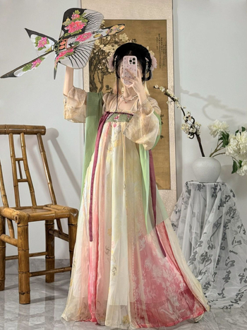 Hanfu inspirirani komplet s plisiranom suknjom i tiskom, prednje kopčanje, Tang dinastija stil, za niske osobe, proljeće-ljeto