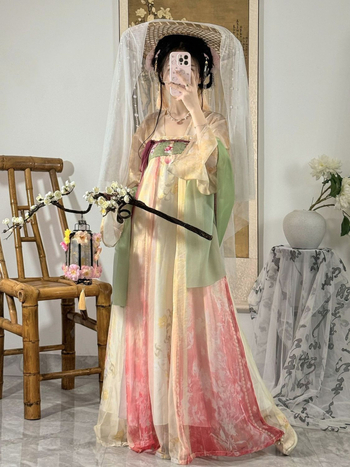 Hanfu inspirirani komplet s plisiranom suknjom i tiskom, prednje kopčanje, Tang dinastija stil, za niske osobe, proljeće-ljeto