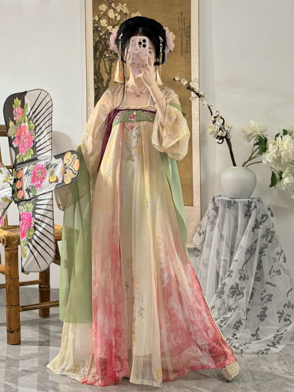 Hanfu inspirirani komplet s plisiranom suknjom i tiskom, prednje kopčanje, Tang dinastija stil, za niske osobe, proljeće-ljeto