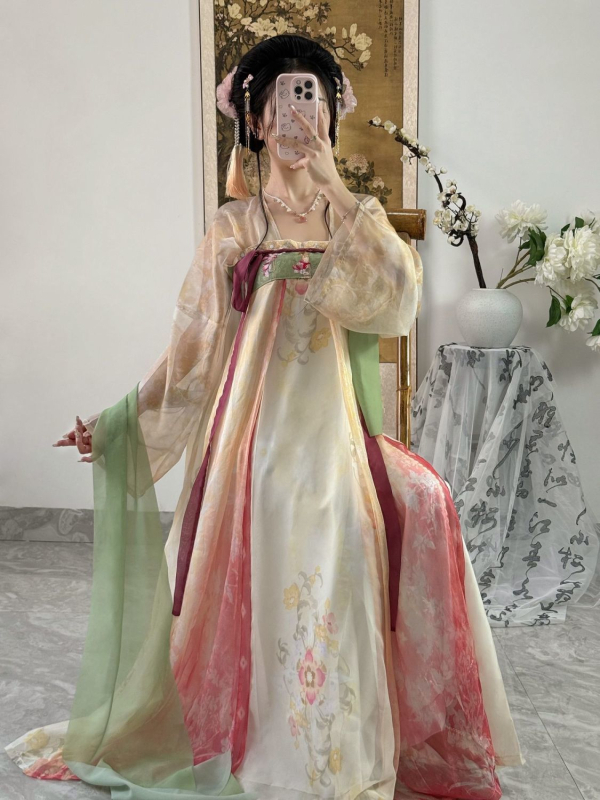 Hanfu inspirirani komplet s plisiranom suknjom i tiskom, prednje kopčanje, Tang dinastija stil, za niske osobe, proljeće-ljeto