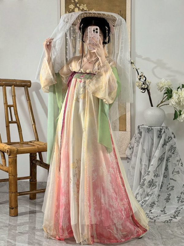 Hanfu inspirirani komplet s plisiranom suknjom i tiskom, prednje kopčanje, Tang dinastija stil, za niske osobe, proljeće-ljeto