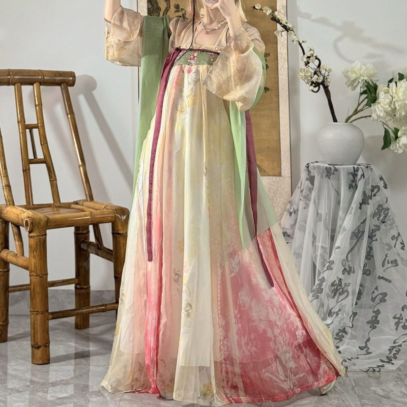 Hanfu inspirirani komplet s plisiranom suknjom i tiskom, prednje kopčanje, Tang dinastija stil, za niske osobe, proljeće-ljeto