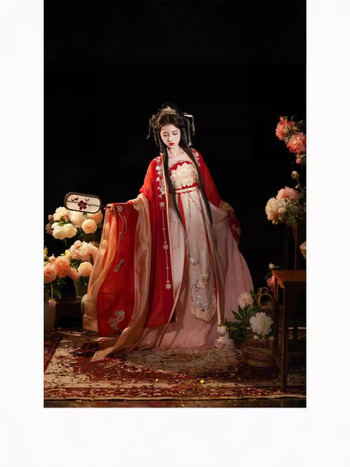 Ženski Hanfu svadbeni set, Tang stil, crvena, vezena, top s širokim rukavima i suknja, jesen-zima