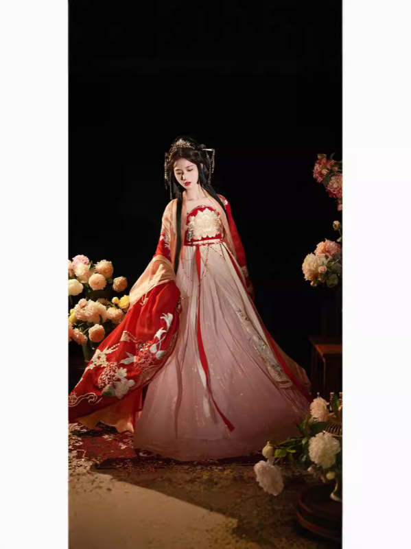 Ženski Hanfu svadbeni set, Tang stil, crvena, vezena, top s širokim rukavima i suknja, jesen-zima
