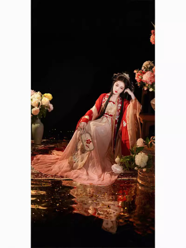 Ženski Hanfu svadbeni set, Tang stil, crvena, vezena, top s širokim rukavima i suknja, jesen-zima