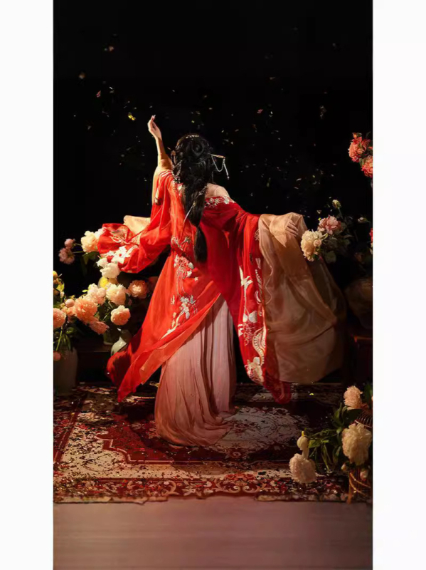 Ženski Hanfu svadbeni set, Tang stil, crvena, vezena, top s širokim rukavima i suknja, jesen-zima