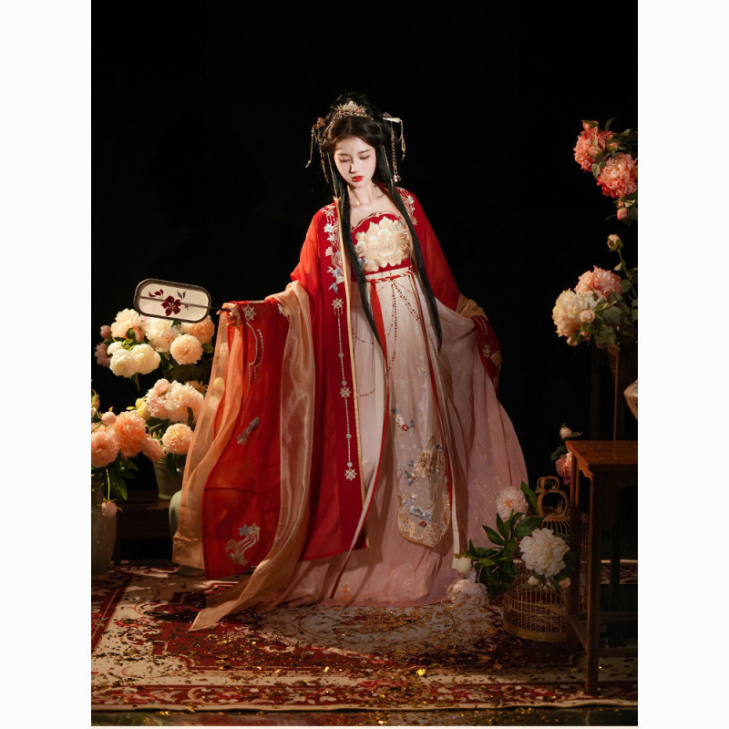 Ženski Hanfu svadbeni set, Tang stil, crvena, vezena, top s širokim rukavima i suknja, jesen-zima