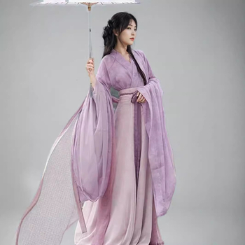 Hanfu za žene, novi stil, kostim u Wei Jin stilu s preklopnim ovratnikom, starinski komplet s osam panela suknjom, ljubičaste boje, eteričan izgled