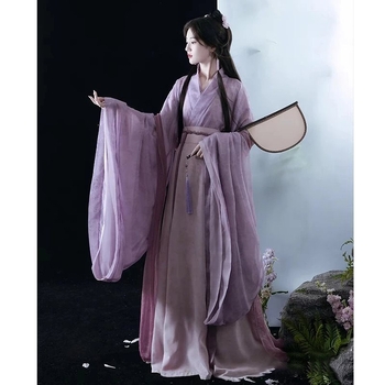 Hanfu za žene, novi stil, kostim u Wei Jin stilu s preklopnim ovratnikom, starinski komplet s osam panela suknjom, ljubičaste boje, eteričan izgled