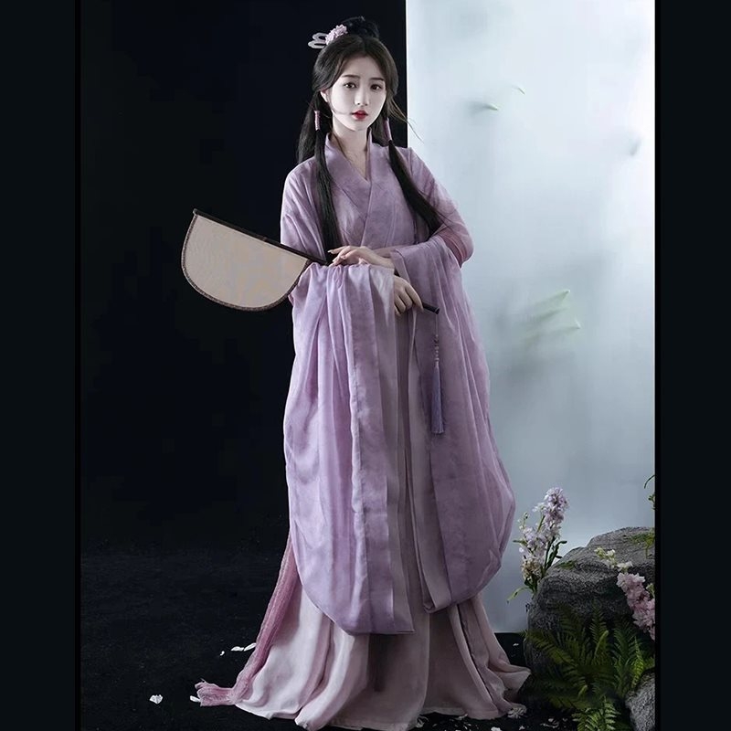 Hanfu za žene, novi stil, kostim u Wei Jin stilu s preklopnim ovratnikom, starinski komplet s osam panela suknjom, ljubičaste boje, eteričan izgled