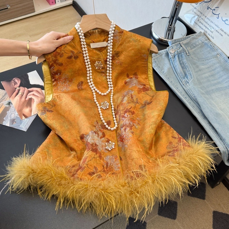 Nova vesta u kineskom stilu Hanfu s teškim žakardom, stojeći ovratnik, odvojivo pero nojeve ptice, ženska Tang-stil vesta