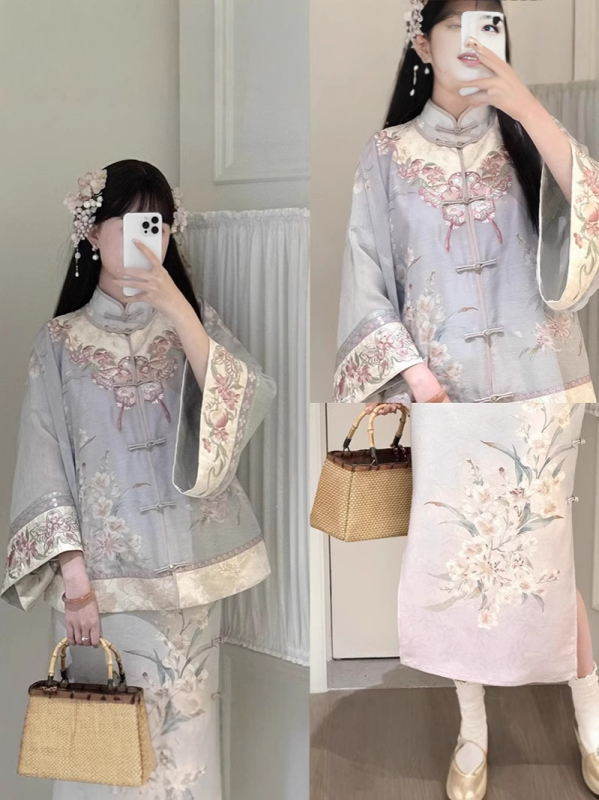 Izvorni Hanfu set u stilu Republike Kine s izvezenim tiskanim cheongsamom i topom s okruglim izrezom – elegantan nacionalni stil kompleta