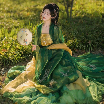 Shan Hai Ji Hanfu s zlatom nitom – ruha s brodom u zelenim zmijskim nijansama, dvostruki široki rukavi, četverodijelni set za proljeće i ljeto