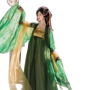 Shan Hai Ji Hanfu s zlatom nitom – ruha s brodom u zelenim zmijskim nijansama, dvostruki široki rukavi, četverodijelni set za proljeće i ljeto