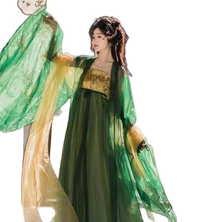 Shan Hai Ji Hanfu s zlatom nitom – ruha s brodom u zelenim zmijskim nijansama, dvostruki široki rukavi, četverodijelni set za proljeće i ljeto
