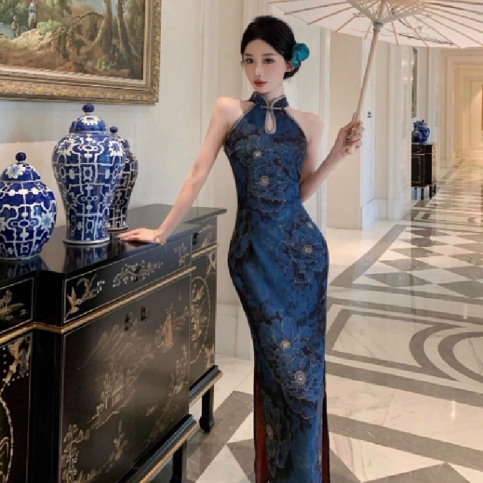 Novi kineski stil za društvenu damu — elegantna retro ispis haljina s otvorom, bez rukava, uzlima gumbima