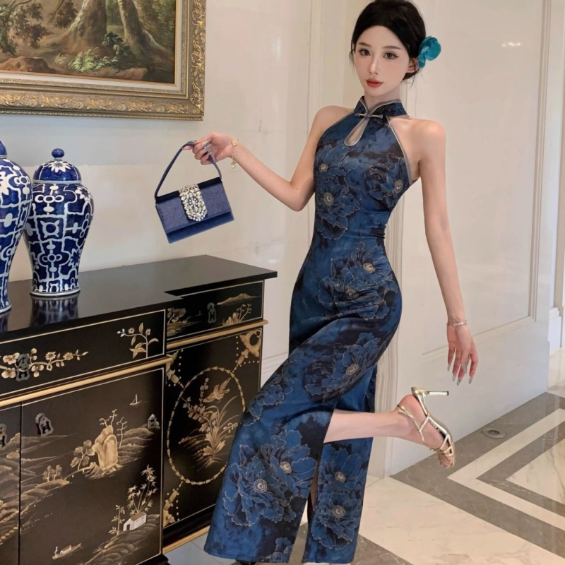 Novi kineski stil za društvenu damu — elegantna retro ispis haljina s otvorom, bez rukava, uzlima gumbima