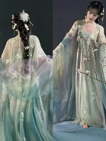 Ženski Hanfu set s gradientnim vezom: haljina do prsa, top s širokim rukavima i komad do struka, proljeće-ljeto.
