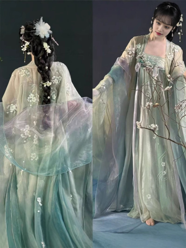 Ženski Hanfu set s gradientnim vezom: haljina do prsa, top s širokim rukavima i komad do struka, proljeće-ljeto.