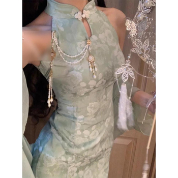 Zeleno moderno qipao haljina s halter izrezom, duga žena haljina, kineskog stila