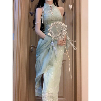 Zeleno moderno qipao haljina s halter izrezom, duga žena haljina, kineskog stila