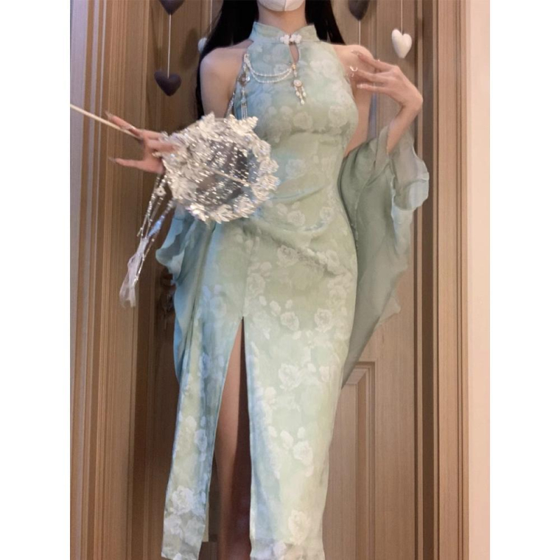 Zeleno moderno qipao haljina s halter izrezom, duga žena haljina, kineskog stila