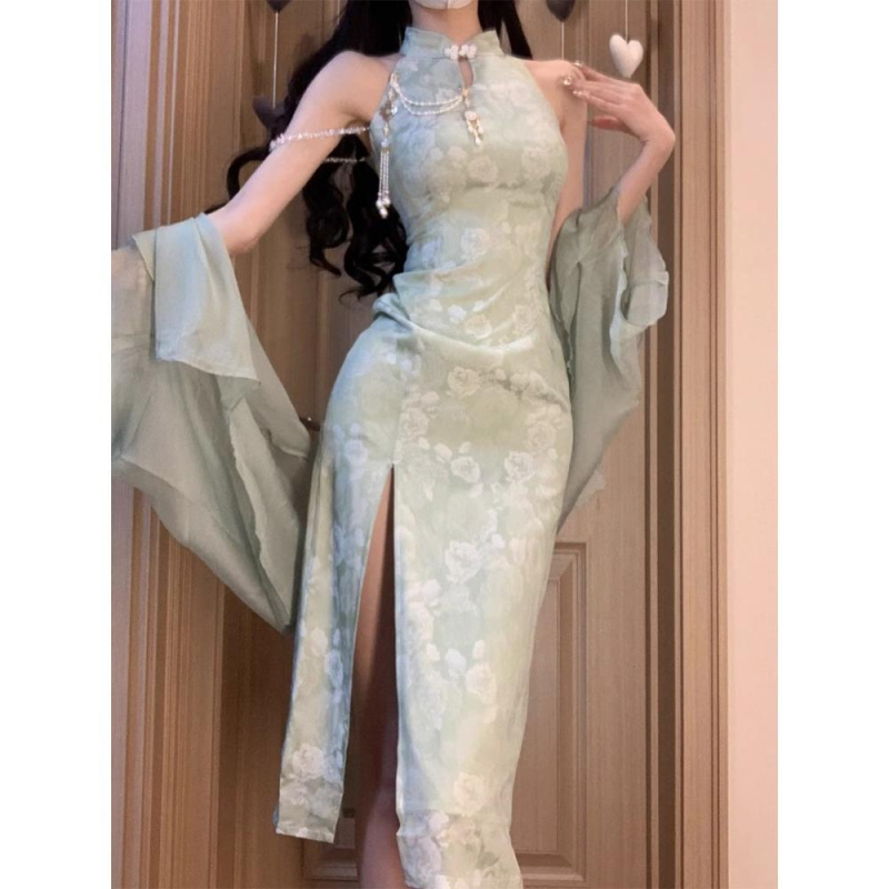 Zeleno moderno qipao haljina s halter izrezom, duga žena haljina, kineskog stila