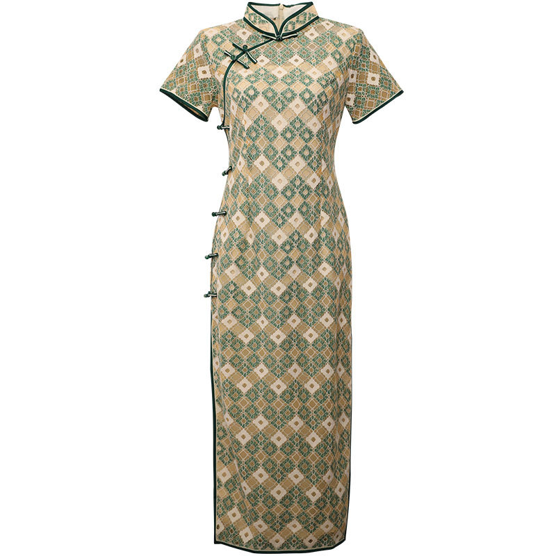 Haljina u stilu čipao s čipkom, midi duljine, retro elegancija za svakodnevno nošenje