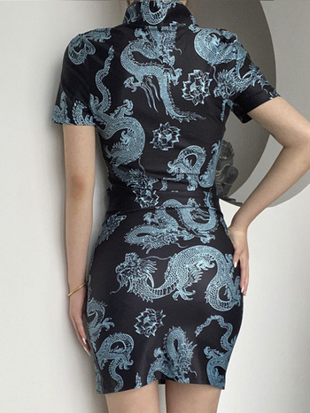 Damska haljina 2026 ljeto, vintage dvorski stil, uski kroj, otisak zmaja, cheongsam