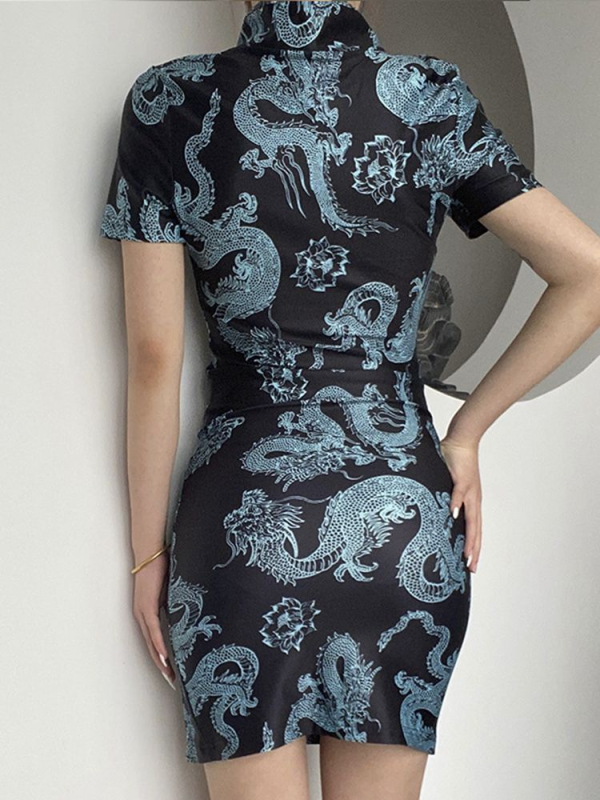 Damska haljina 2026 ljeto, vintage dvorski stil, uski kroj, otisak zmaja, cheongsam
