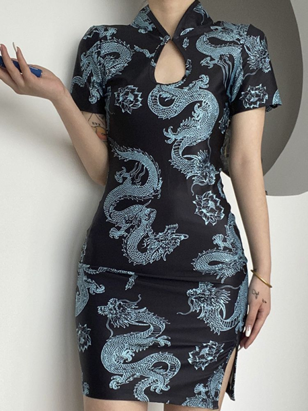 Damska haljina 2026 ljeto, vintage dvorski stil, uski kroj, otisak zmaja, cheongsam