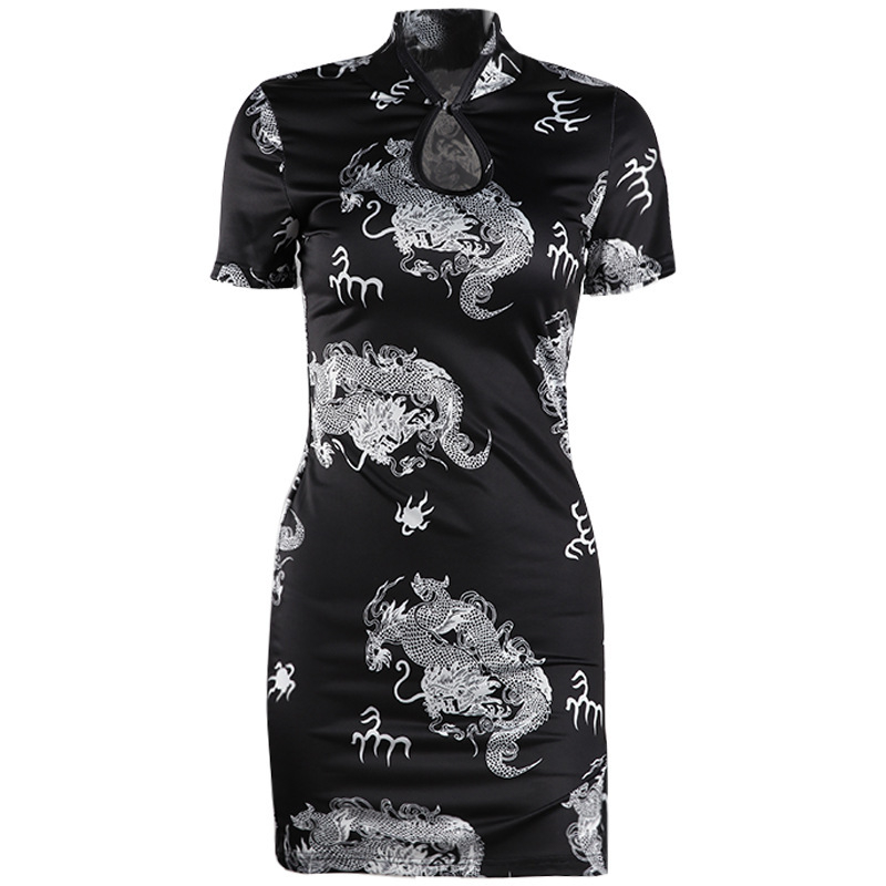 Damska haljina 2026 ljeto, vintage dvorski stil, uski kroj, otisak zmaja, cheongsam