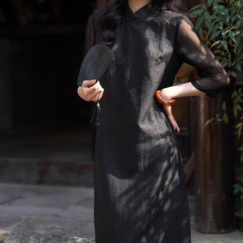 Qipao haljina od Xiangyun svile s uzorkom crackle, srednja duljina, A-linija, okrugli izrez, rukav 3/4, opušteni struk, ljeto 2026