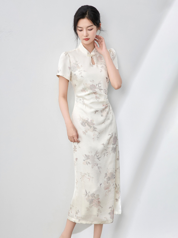 2506210 - Novi kineski stil otisak, osvježavajući dodir, kopče s perlama, stojeći ovratnik, haljina cheongsam, duga ljetna haljina