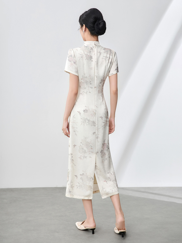 2506210 - Novi kineski stil otisak, osvježavajući dodir, kopče s perlama, stojeći ovratnik, haljina cheongsam, duga ljetna haljina