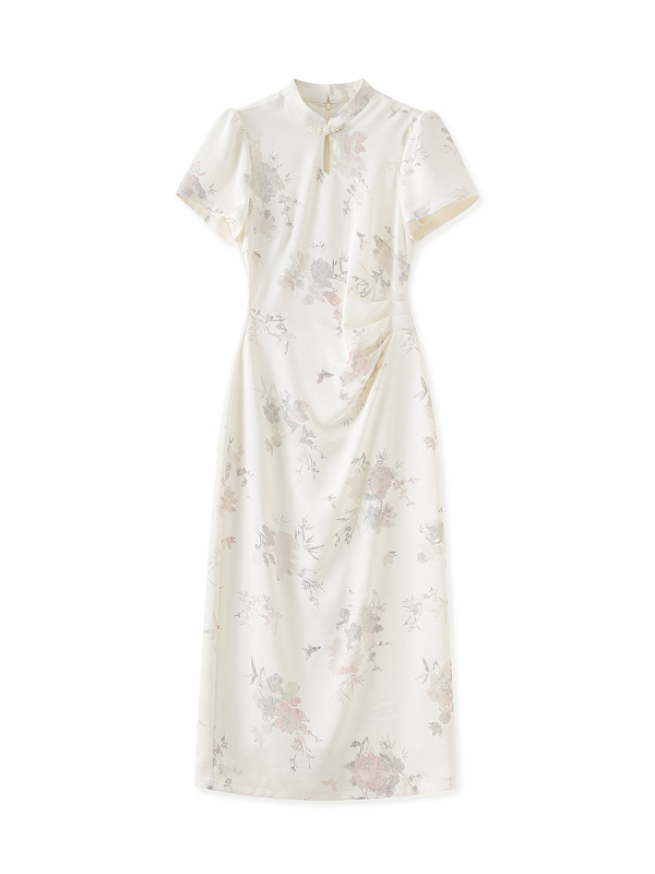 2506210 - Novi kineski stil otisak, osvježavajući dodir, kopče s perlama, stojeći ovratnik, haljina cheongsam, duga ljetna haljina