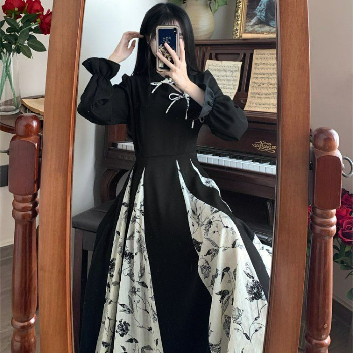 Plus veličine, cvjetna haljina s dugim rukavima, kineski stil, stojeći ovratnik, A-linijski kroj