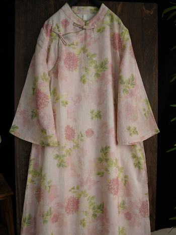 Haljina od ramie s cvjetnim uzorkom, dvostruka, ležernog kroja, retro gumbi u stilu qipao 178156