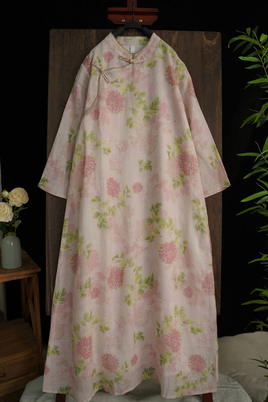Haljina od ramie s cvjetnim uzorkom, dvostruka, ležernog kroja, retro gumbi u stilu qipao 178156