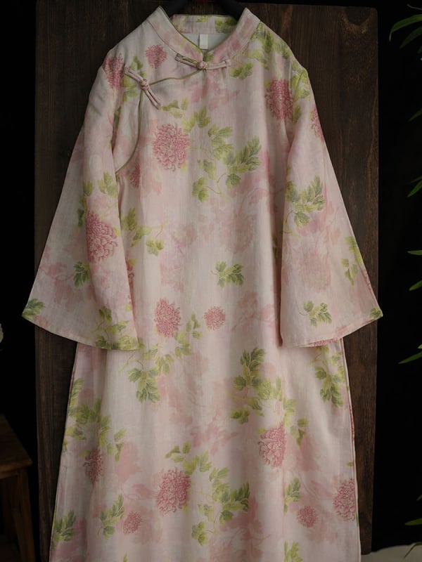 Haljina od ramie s cvjetnim uzorkom, dvostruka, ležernog kroja, retro gumbi u stilu qipao 178156