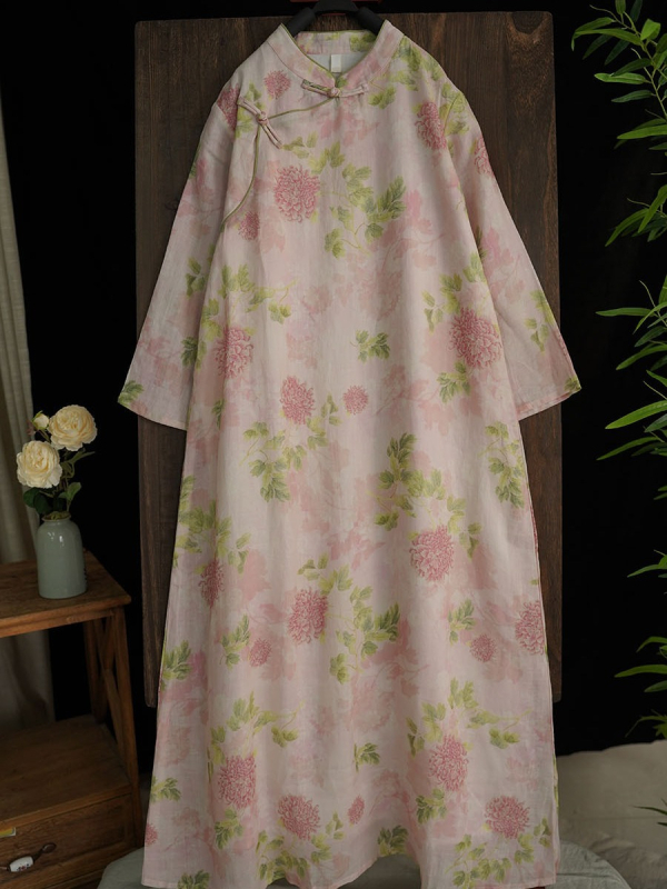 Haljina od ramie s cvjetnim uzorkom, dvostruka, ležernog kroja, retro gumbi u stilu qipao 178156