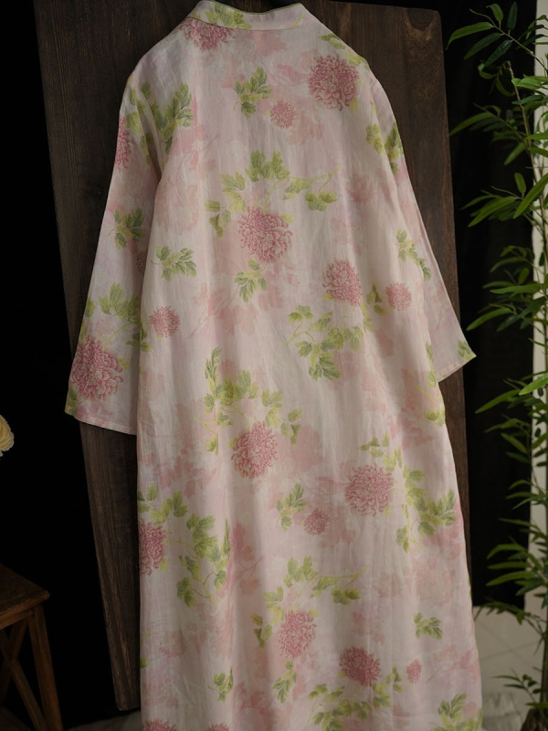 Haljina od ramie s cvjetnim uzorkom, dvostruka, ležernog kroja, retro gumbi u stilu qipao 178156