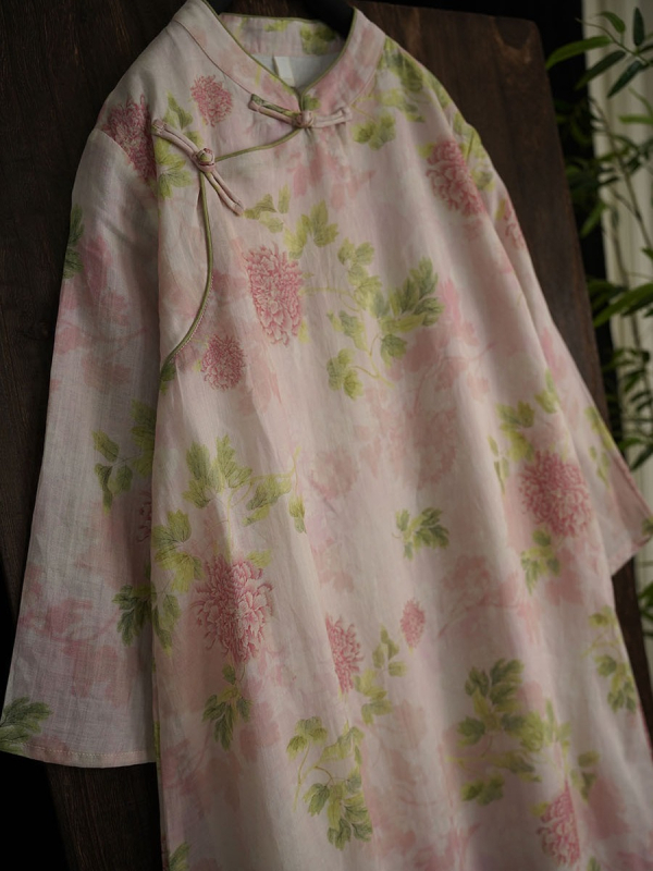 Haljina od ramie s cvjetnim uzorkom, dvostruka, ležernog kroja, retro gumbi u stilu qipao 178156