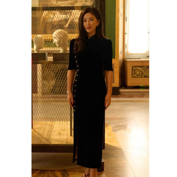 Zlatna baršun haljina čipao – uski kroj, stojeći ovratnik, 3/4 rukavi, ženska haljina za proljeće/ljeto, elegantan retro nacionalni stil