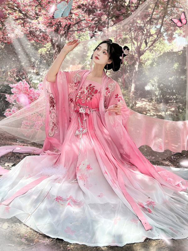 Ženska hanfu haljina s ružičastom izvezenom uzorkom, Tang dinastija stil, široki rukavi, ljeto 2025
