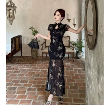 Novi kineski stil: poboljšana haljina cheongsam za žene, ljeto, crni mrežasti uzorak, uska duga haljina