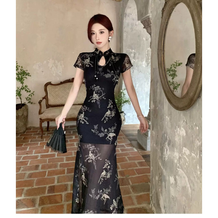 Novi kineski stil: poboljšana haljina cheongsam za žene, ljeto, crni mrežasti uzorak, uska duga haljina
