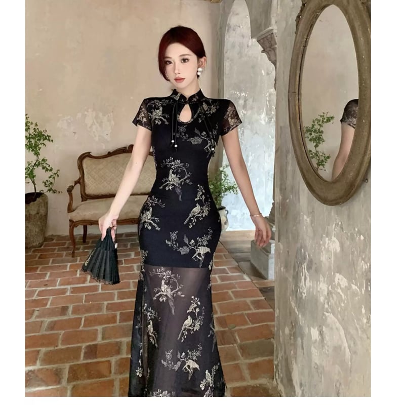 Novi kineski stil: poboljšana haljina cheongsam za žene, ljeto, crni mrežasti uzorak, uska duga haljina