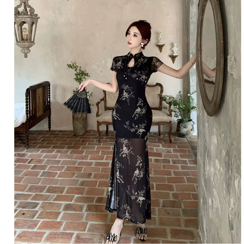 Novi kineski stil: poboljšana haljina cheongsam za žene, ljeto, crni mrežasti uzorak, uska duga haljina