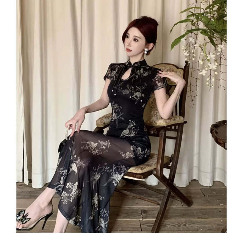 Novi kineski stil: poboljšana haljina cheongsam za žene, ljeto, crni mrežasti uzorak, uska duga haljina